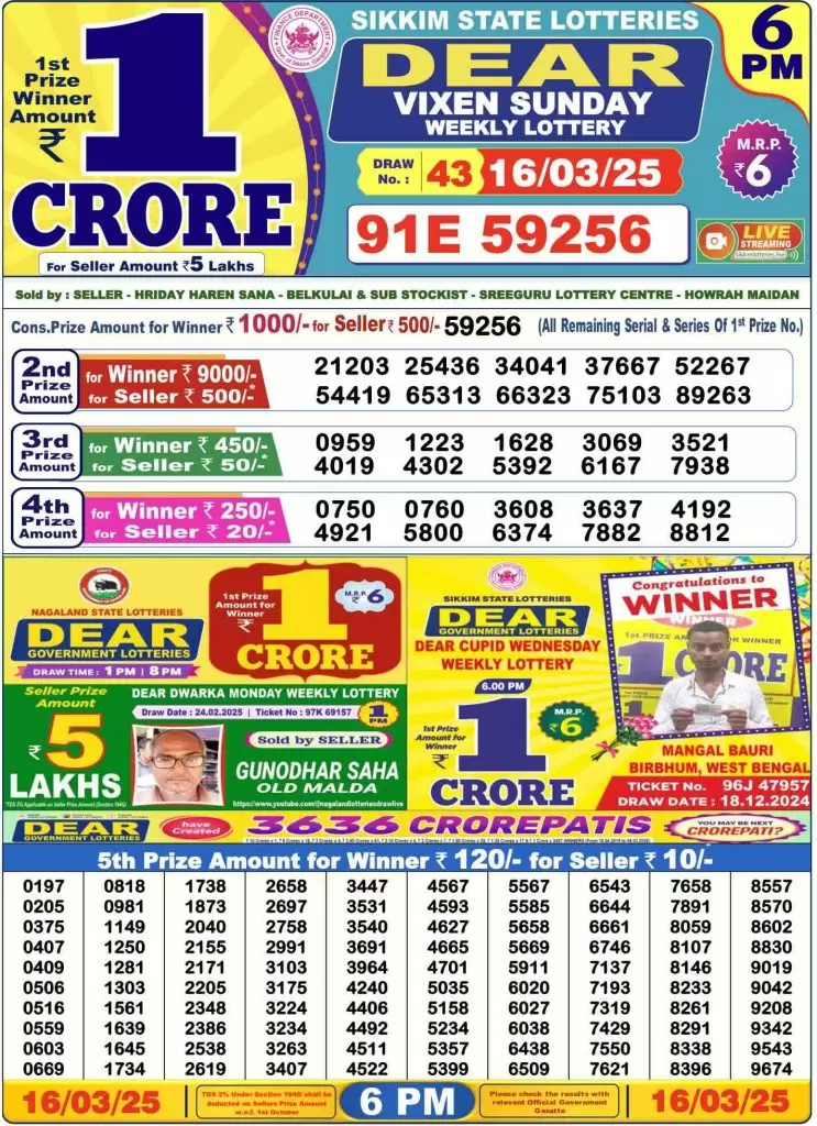 Lottery Sambad Result 16.3.2025 Today 1 PM, 6 PM & 8 PM