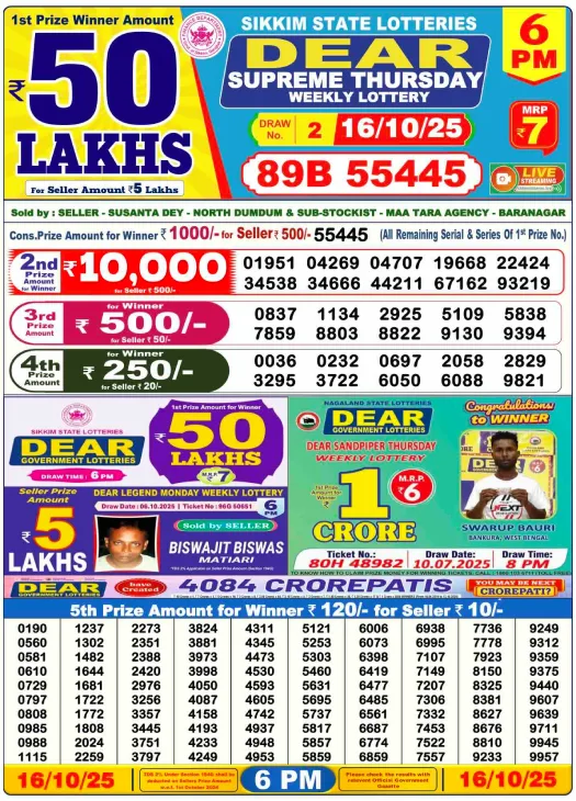 Lottery Sambad Day Result 6 PM 16.10.2025