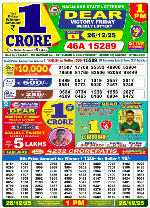 Lottery Sambad Result 26.12.2025 Today 1 PM, 6 PM & 8 PM 