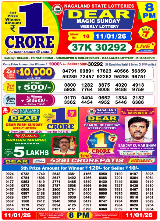 Lottery Sambad Result 11.1.2026 Today 1 PM, 6 PM & 8 PM