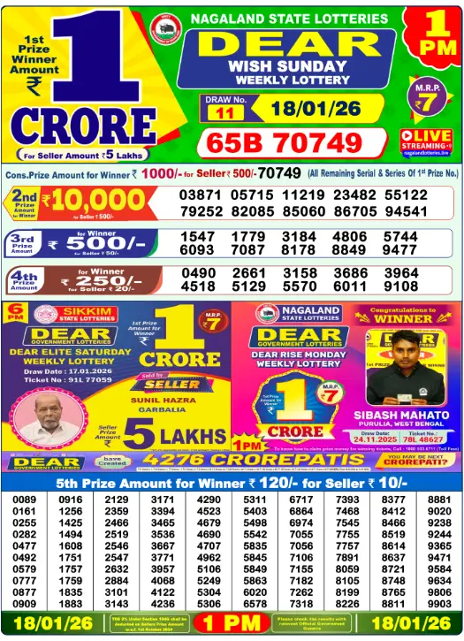 Lottery Sambad Result 18.1.2026 Today 1 PM, 6 PM & 8 PM